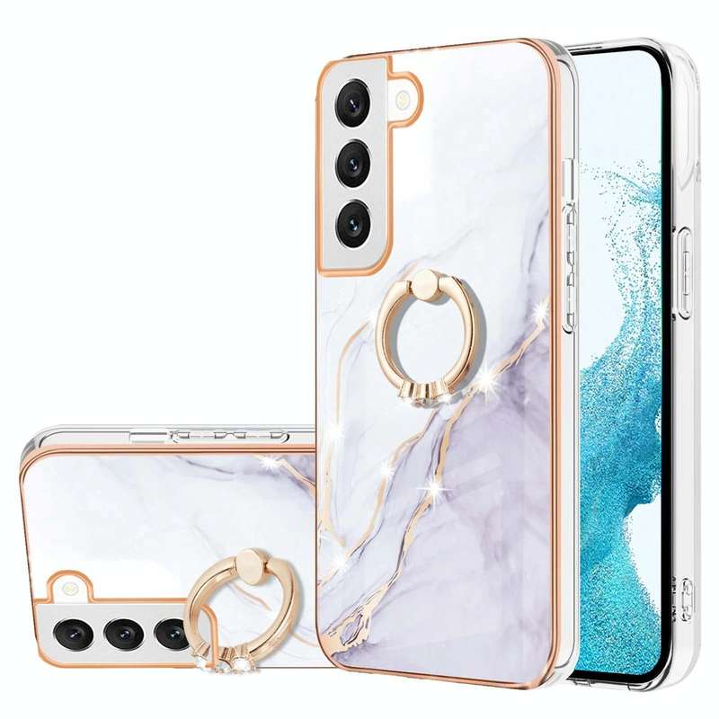 For Samsung Galaxy S22 Electroplating Marble IMD TPU Phone Case with Ring Holder(White 006)
