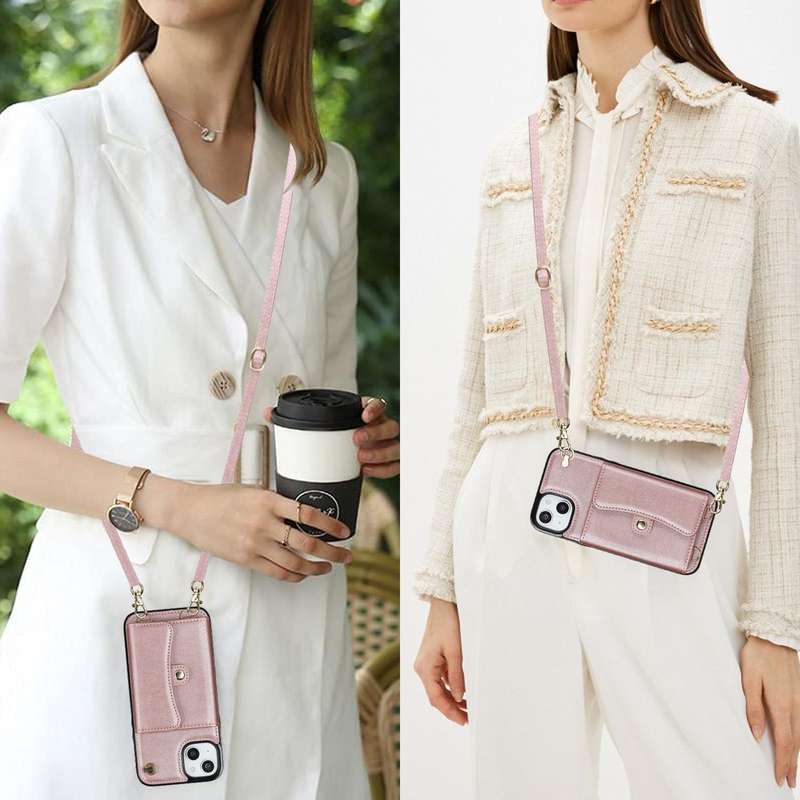 For iPhone 14 / 13 RFID Card Slot Phone Case with Long Lanyard(Rose Gold)
