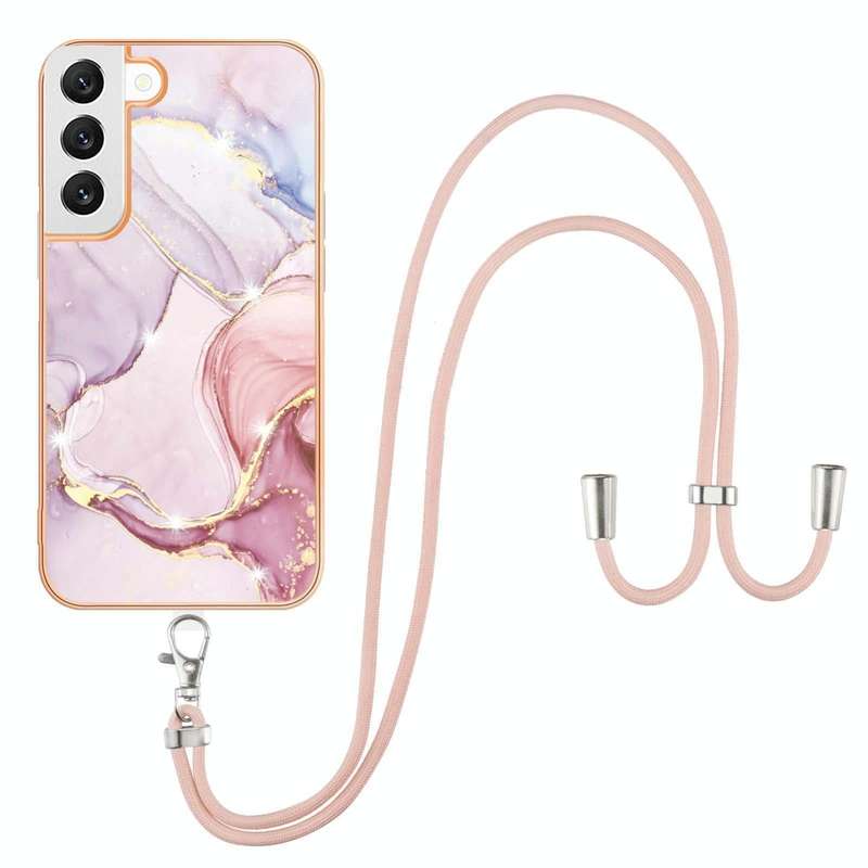 For Samsung Galaxy S22 5G Electroplating Marble IMD TPU Phone Case with Lanyard(Rose Gold 005)