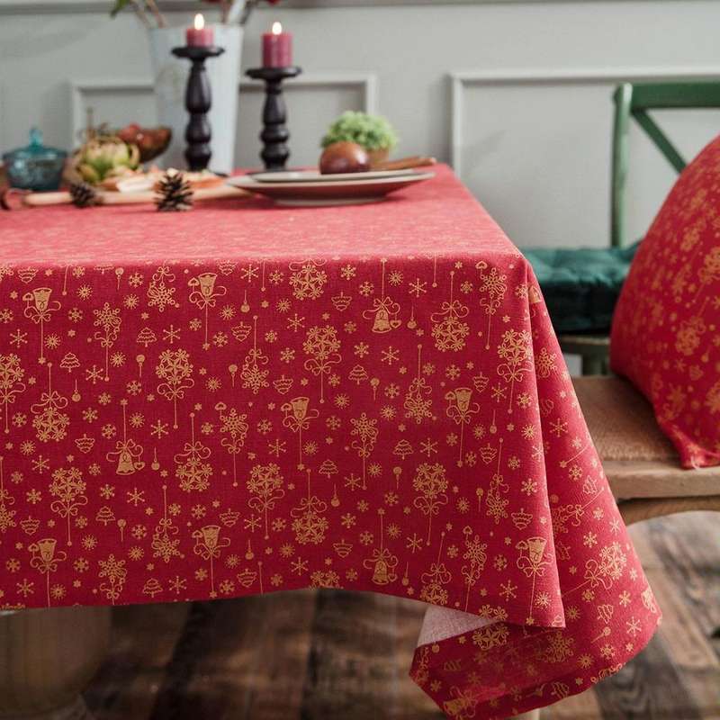 Linen Cotton Christmas Party Tablecloth Rectangle Bronzing Dinning Table Cover, Size:90x90cm(Red)