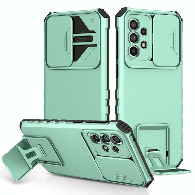 For Samsung Galaxy A33 5G Stereoscopic Holder Sliding Camshield Phone Case(Light Blue)