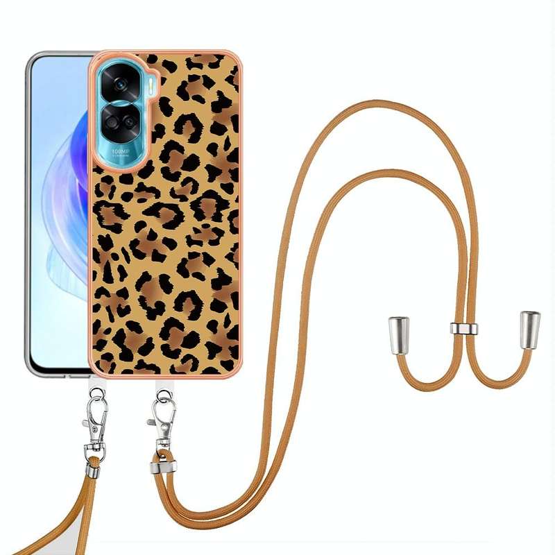 For Honor 90 Lite 5G Electroplating Dual-side IMD Phone Case with Lanyard(Leopard Print)