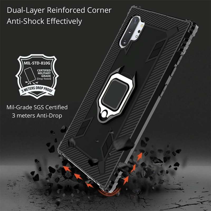 For Galaxy Note 10+ Carbon Fiber Protective Case with 360 Degree Rotating Ring Holder(Black)