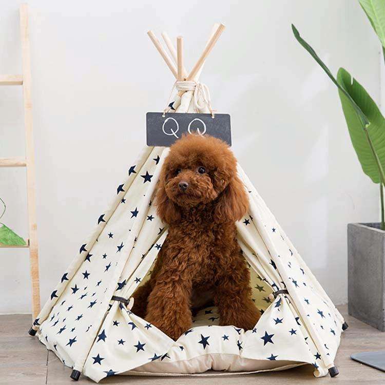 Cotton Canvas Pet Tent Cat and Dog Bed with Cushion, Specification: Small 404050cm(Beige Star)