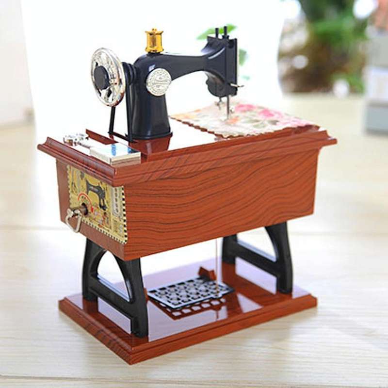 Mini Plastic Vintage Music Box Sewing Machine Style Mechanical Birthday Gift Table Decor