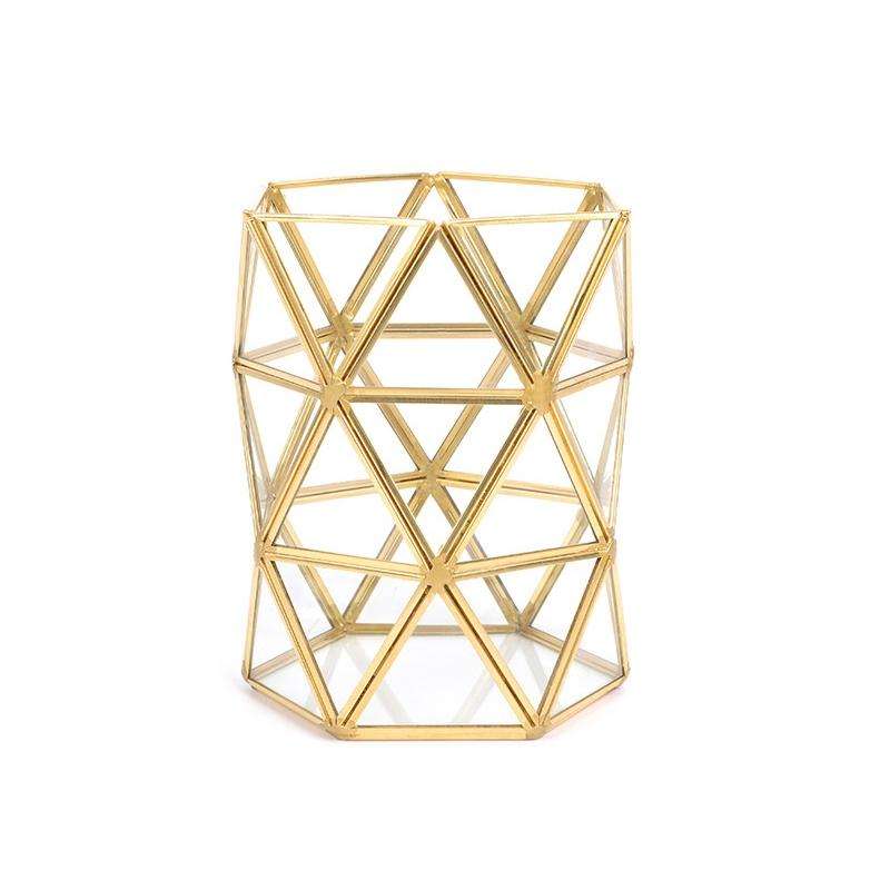 Glass Storage Tray Golden Retro Polygon Mirror Tray Brass Desktop Cosmetics Storage Tray Beauty B...