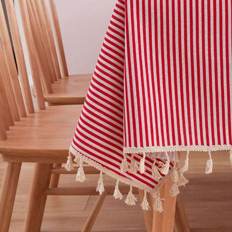 Tassel Lace Daisy Print Cotton Linen Tablecloth, Size:60x60cm(Red Stripes)