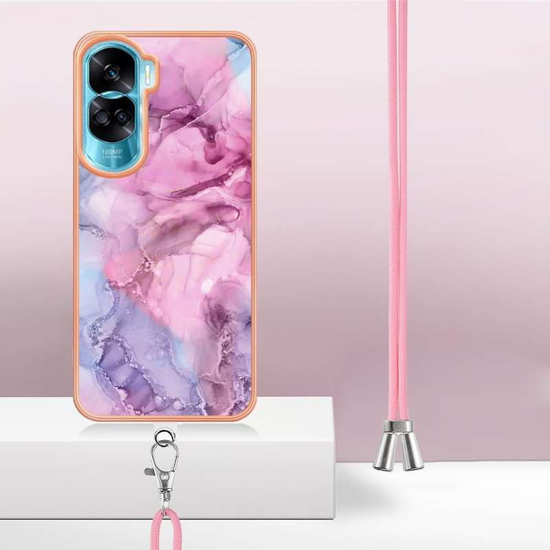 For Honor 90 Lite 5G Electroplating Marble Dual-side IMD Phone Case with Lanyard(Pink 013)