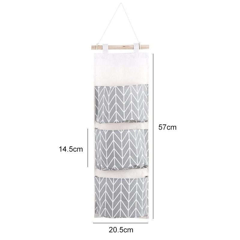3-Pockets Cotton Linen Wall Hanging Door Pouch Bedroom Home Storage Pocket Hanging Bag(Gray)