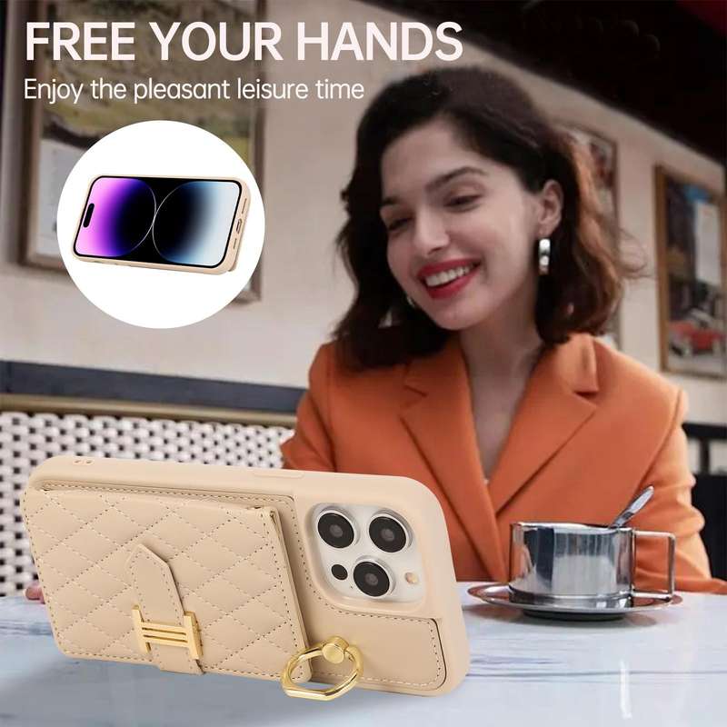 For iPhone 14 Pro Max Horizontal Card Bag Ring Holder Phone Case with Dual Lanyard(Beige)