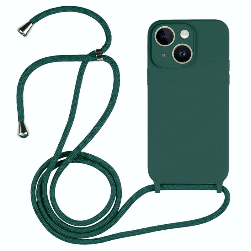 For iPhone 14 Crossbody Lanyard Liquid Silicone Case(Pine Needle Green)