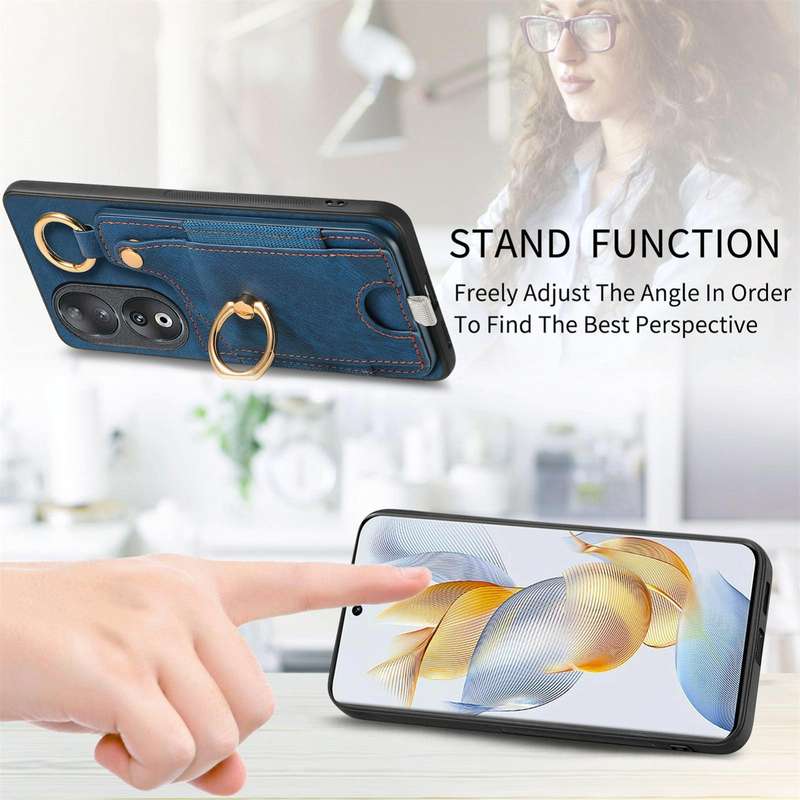 For Honor 90 Lite / X50i Retro Skin-feel Ring Card Bag Phone Case with Hang Loop(Blue)
