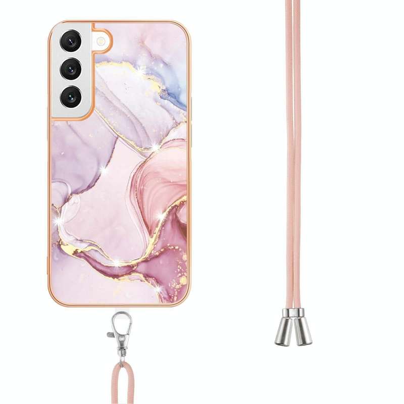 For Samsung Galaxy S22 5G Electroplating Marble IMD TPU Phone Case with Lanyard(Rose Gold 005)