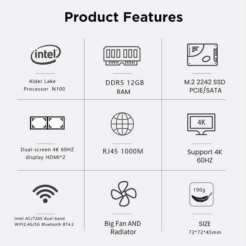 N100/DDR5 12th AlderLake-N100 Dual 4K60Hz Office And Home Mini PC, Spec: 12G+256G /UK Plug