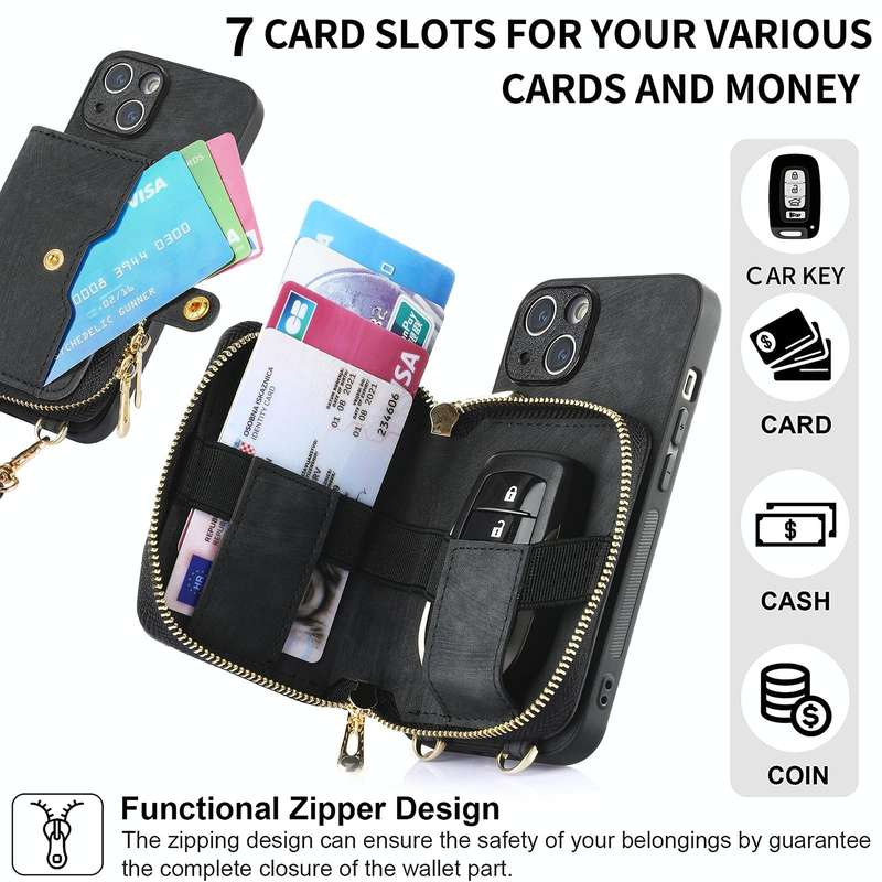 For iPhone 15 Crossbody Multi-function Zipper Wallet Phone Case(Black)