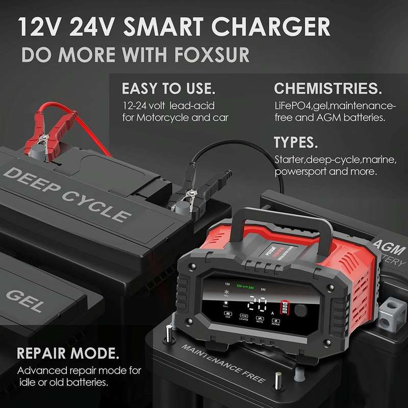 FOXSUR 12V / 24V 20A 300W Portable Motorcycle Car Smart Battery Charger(US Plug)