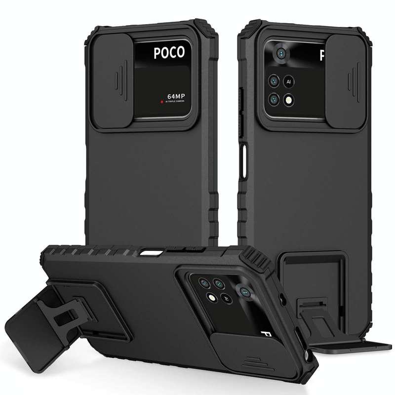For Xiaomi Poco M4 Pro 4G Stereoscopic Holder Sliding Camshield Phone Case(Black)