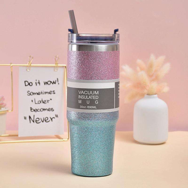 20oz Glitter Insulation Coffee Cup Double Layer Ice Cup Stainless Steel Car Cup With Straw(Pink B...