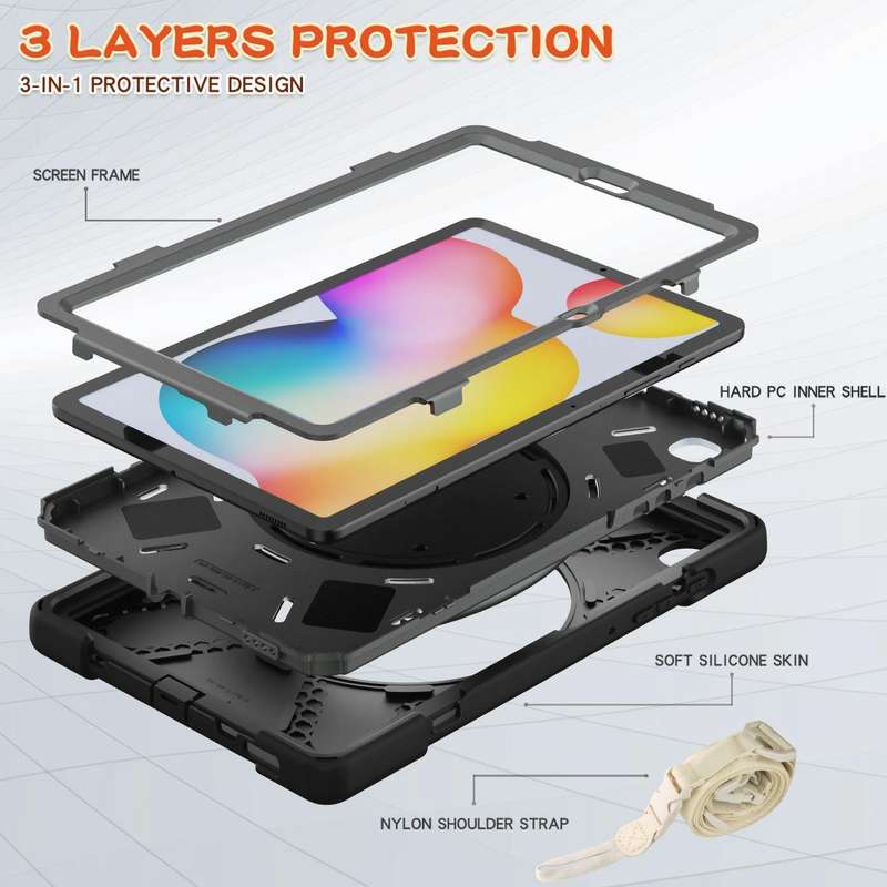 For Samsung Galaxy Tab S6 Lite P610 Silicone + PC Protective Case with Holder & Shoulder Strap(Bl...