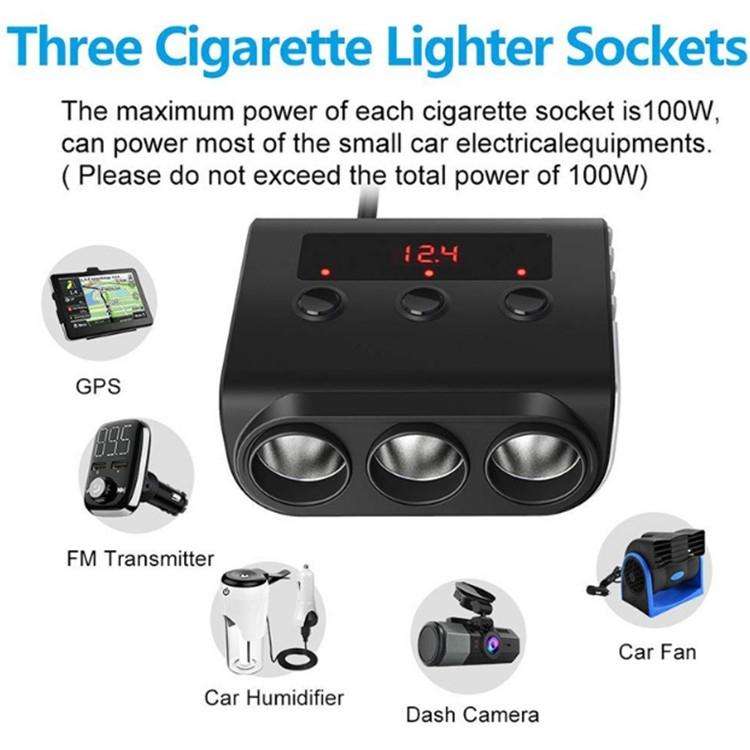 TR12 3 in 1 100W 4USB Car Cigarette Lighter with Switch Voltage Display(Black Red)