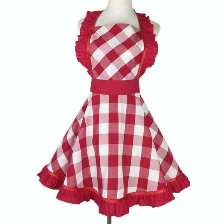 Retro Cotton Big Plaid Big Swing Apron(Red White Grid)