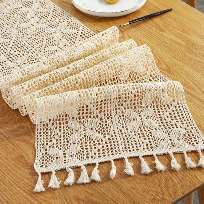 Widened And Stitched Rustic Knitted Hollow Tablecloth, Size: 30x200cm(Phoenix Double Stitching)