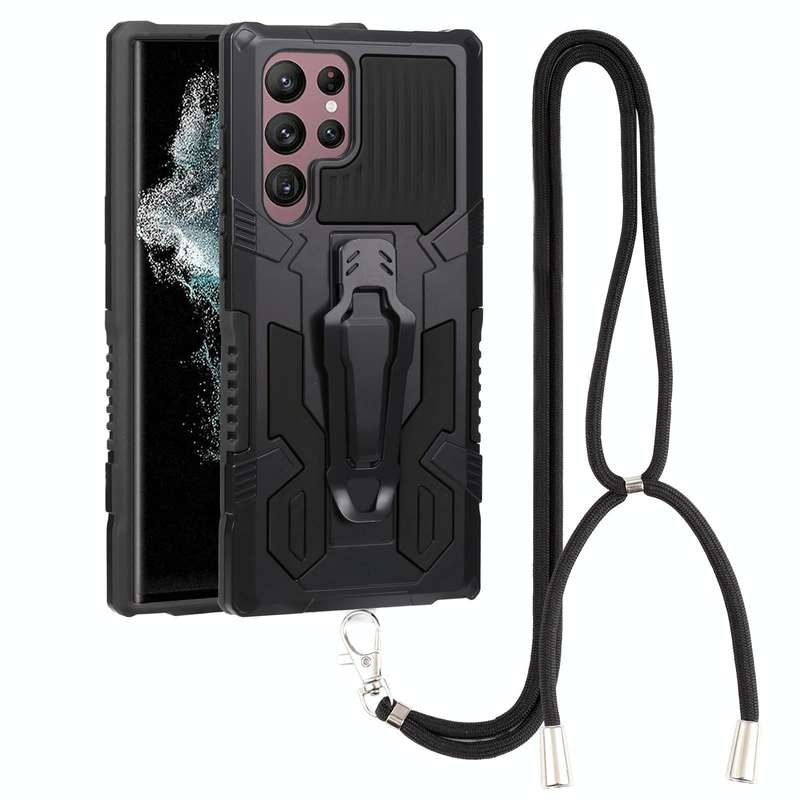 For Samsung Galaxy S22 Ultra 5G Lanyard Mecha Armor Kickstand PC + TPU Phone Case(Black)
