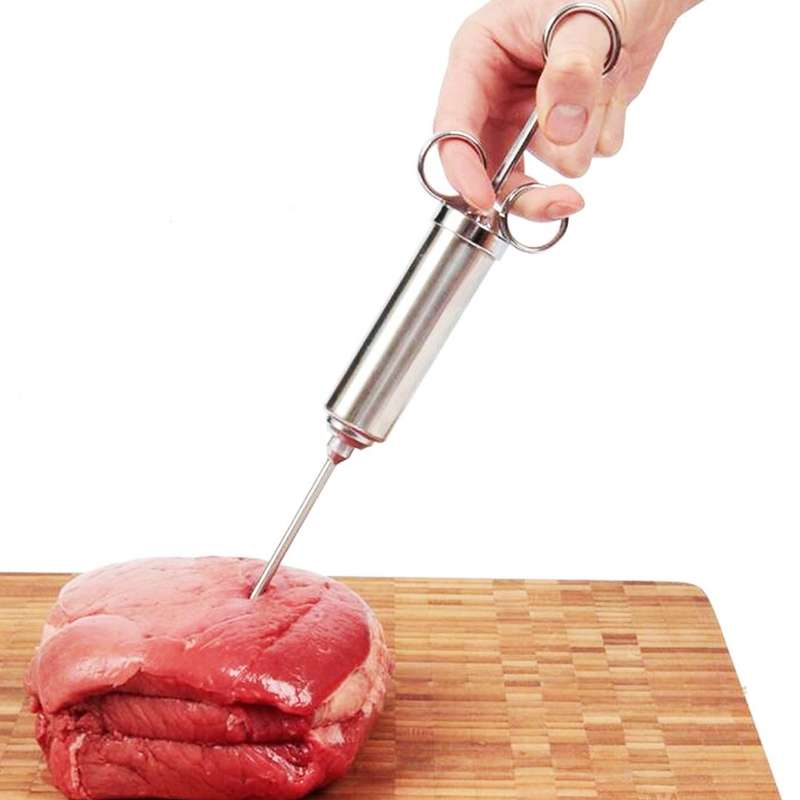 60ml Stainless Steel Syringe Dual Needles Condiment Turkey Meat Injector Cooking Tools (Silver)