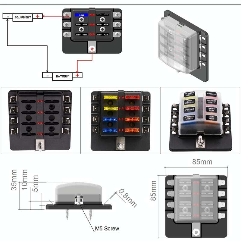 1 in 8 Out Fuse Box PC Terminal Block Fuse Holder Kits with LED Warning Indicator for Auto Car Tr...