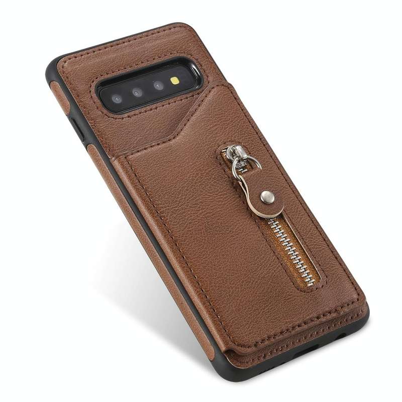 For Galaxy S10 Solid Color Double Buckle Zipper Shockproof Protective Case(Brown)