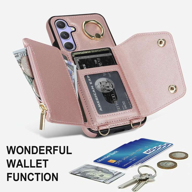 For Samsung Galaxy A54 5G Zipper Card Bag Phone Case with Dual Lanyard(Rose Gold)