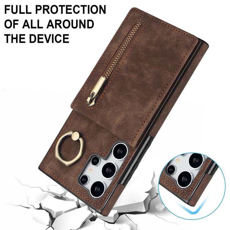 For Samsung Galaxy S24 Ultra 5G Retro Ring and Zipper RFID Card Slot Phone Case(Brown)