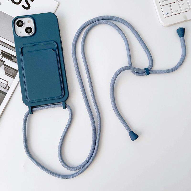 For iPhone 13 Pro Crossbody Lanyard Elastic Silicone Card Holder Phone Case(Blue)