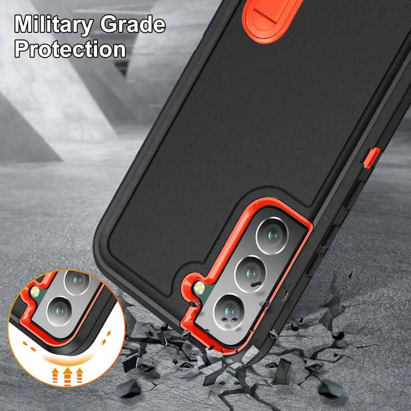 For Samsung Galaxy S22 5G 3 in 1 Rugged Holder Phone Case(Black+Orange)