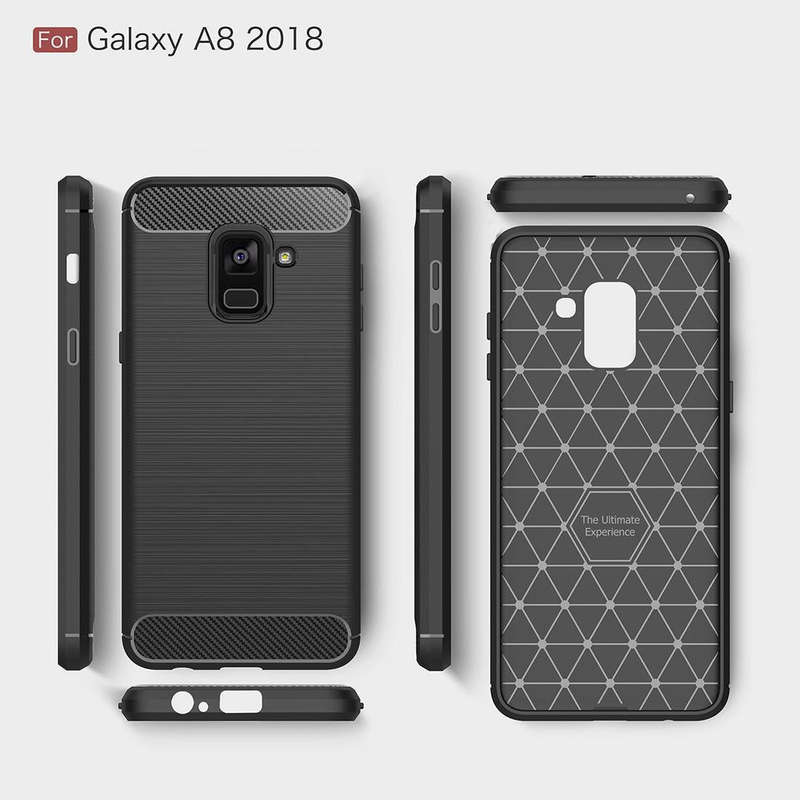 For Galaxy A8 (2018) Brushed Texture Carbon Fiber Shockproof TPU Protective Back Case (Red)