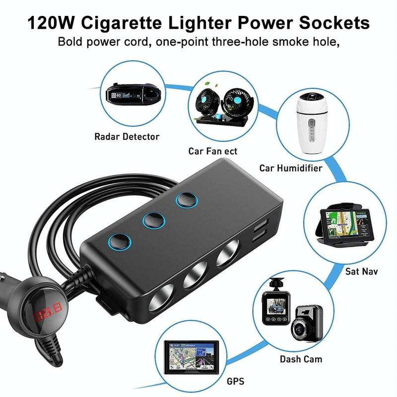 Car Cigarette Lighter Car Charger 3USB Port +1 QC3.0 + 3 Cigarette Lighter Ports + Back Clip Desi...
