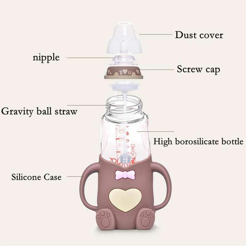 Baby Silicone Glass Bottles Drop-proof and Flatulence-proof Glass Baby Bottle(Style 2 Rose Red)