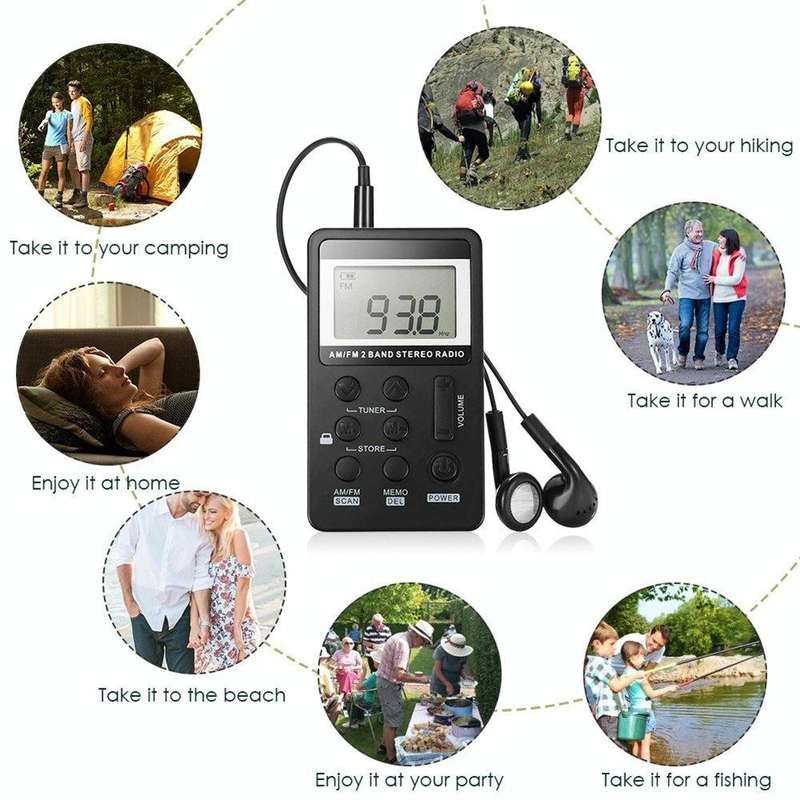 HRD-103 FM + AM Two Band Portable Radio with Lanyard & Headset(Black)
