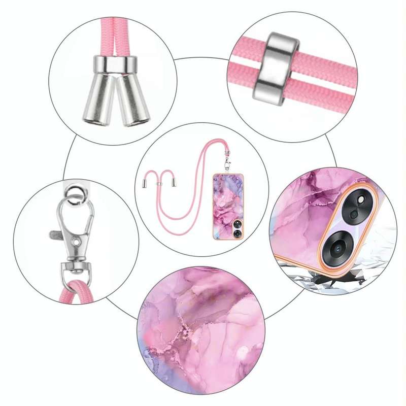 For OPPO A78 / A58 Electroplating Marble Dual-side IMD Phone Case with Lanyard(Pink 013)
