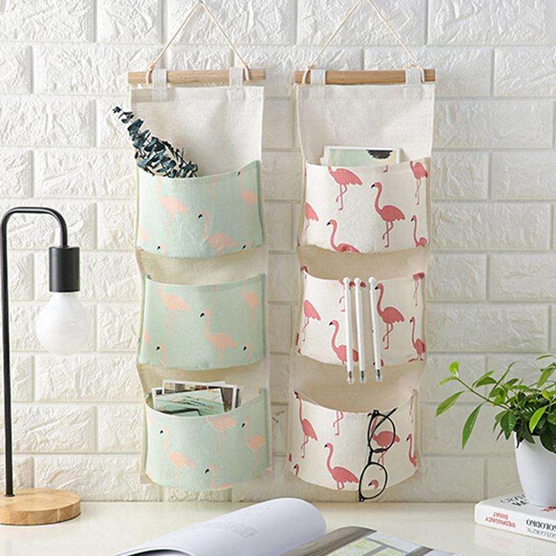 Cotton Linen Hanging Storage Bag 3 Pockets Wall Mounted Wardrobe Hang Bag Wall Pouch Cosmetic Toy...