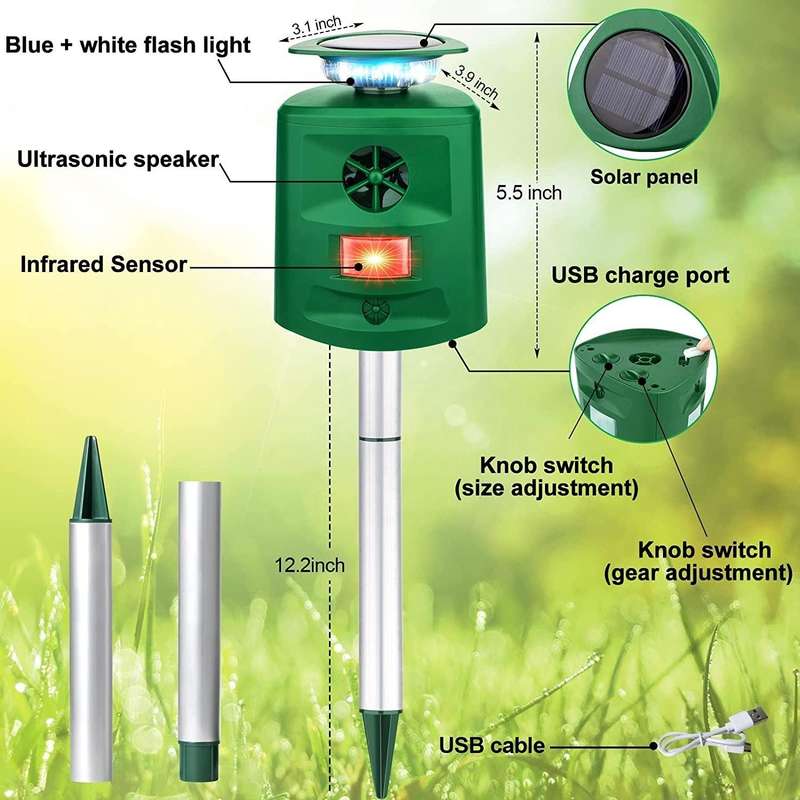 SK698 Solar Powered Animal Repeller 360 Degree Strobe Light Bird Repeller Ultrasonic Rat Repeller...