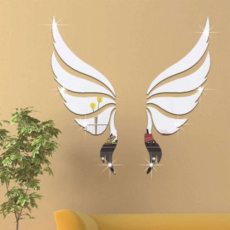 Crystal Three Dimensional Decorative Wall Stickers Angel Wings Bedroom Decorative Mirror(Silver)