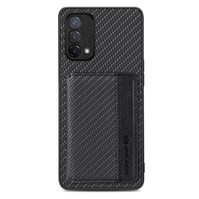 For OPPO A74 5G Carbon Fiber Magnetic Card Bag Phone Case(Black)