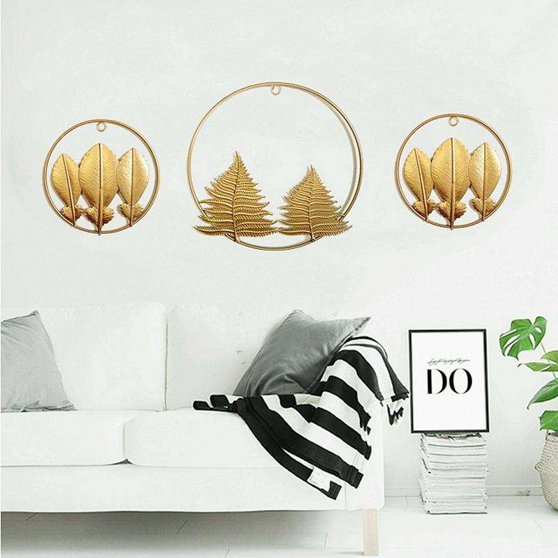 Home Living Room Iron Art Wall Hanging Gold Three-Dimensional Leaf Wall Hanging Decorative Painti...