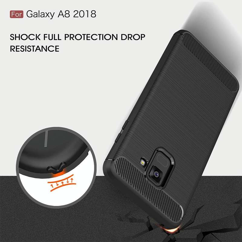 For Galaxy A8 (2018) Brushed Texture Carbon Fiber Shockproof TPU Protective Back Case (Black)