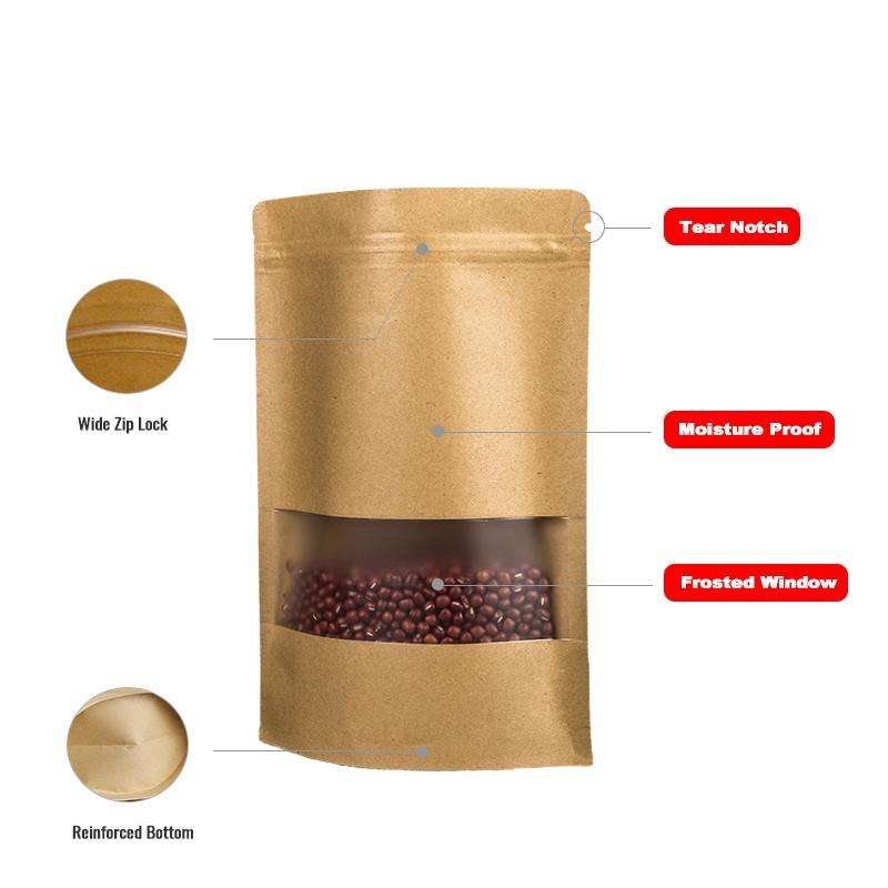 50 PCS Zipper Self Sealing Kraft Paper Bag with Window Stand Up for Gifts/Food/Candy/Tea/Party/We...