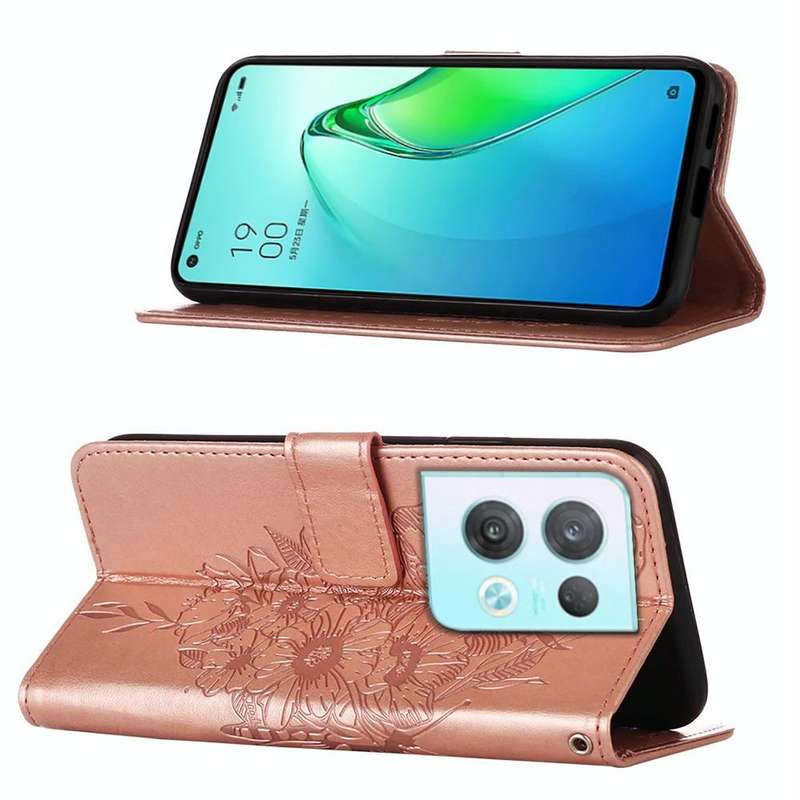 For OPPO Reno8 Pro Embossed Butterfly Flip Leather Phone Case(Rose Gold)