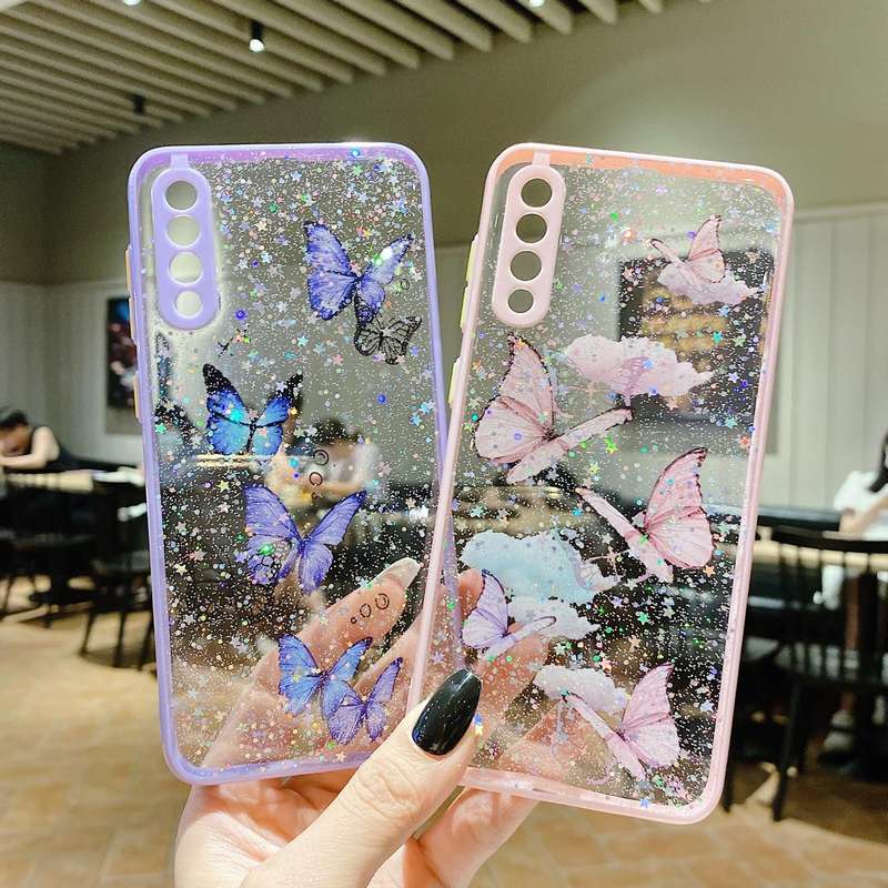 For Samsung Galaxy A13 4G Color Butterfly Glitter Epoxy TPU Phone Case(Pink)
