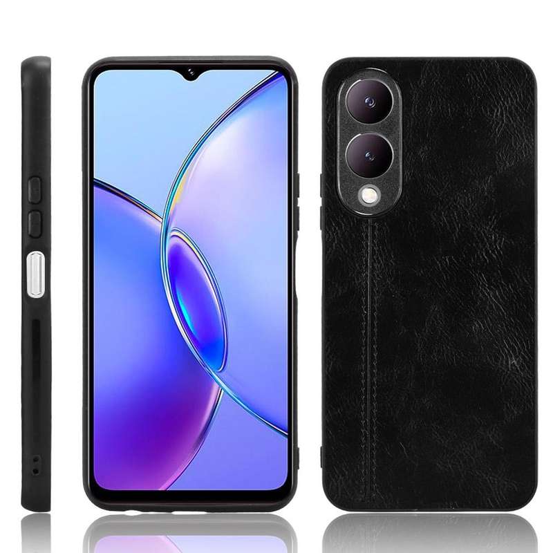 For vivo Y17s 4G Global Cow Pattern Sewing Back Cover Phone Case(Black)