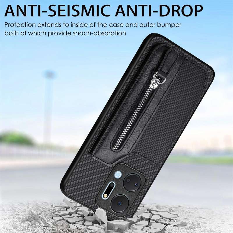 For Honor X7A Carbon Fiber Horizontal Flip Zipper Wallet Phone Case(Khaki)